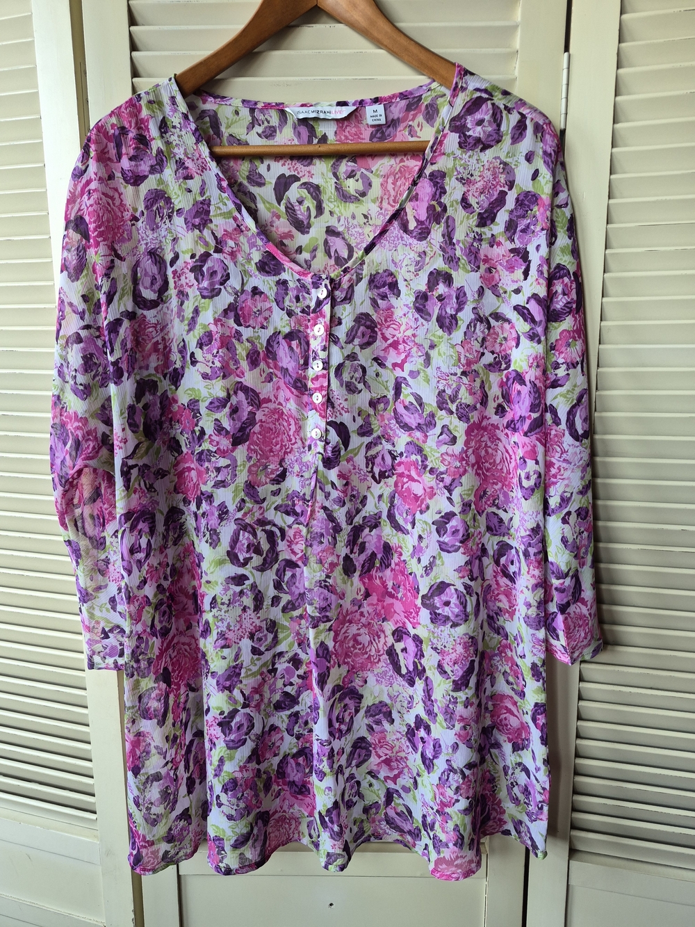 Isaac Mizrahi Live Floral Sheer V-Neck Tunic in Pink & Purple Size Medium